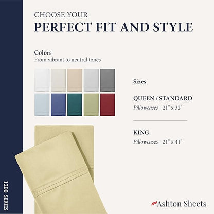 Ashton Sheets 100% Egyptian Cotton Pillow Cases King Size Set of 2 - Luxury 1200 Thread Count Sateen Beige Pillow Covers, Silky Soft & Cooling Extra Long Staple Pillowcases, Fits King Size Pillows
