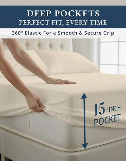100% Egyptian Cotton Queen Size Bed Sheet set - Naturally Breathable & Durable Winter Comfort Queen Bed Sheets Set, Ultra-Soft Hotel Luxury Comfort with 15" Deep Pocket, Silky Sateen Weave - Ivory