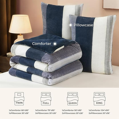 Litanika Fluffy Fleece Full Size Comforter Set, Luxury Soft Plush Fuzzy Mineral Blue Stripe Bedding Comforter Sets, Warm Shaggy Faux Fur Bed Set All Season (1 Comforter, 2 Pillowcases)
