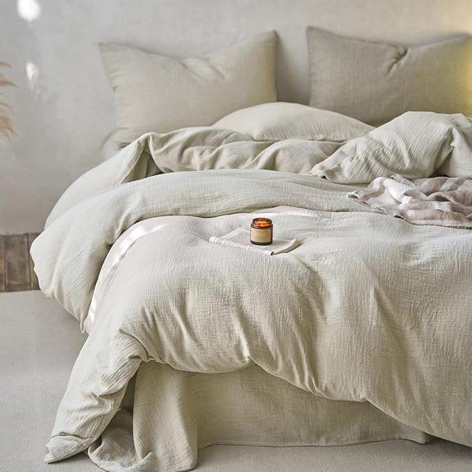 EAVD Soft 100% Muslin Cotton Duvet Cover King Solid Beige Duvet Cover with Zipper Closure Lightweight Linen Like Guaze Textured Comforter Cover with 2 Pillowcases Modern Solid Bedding Set