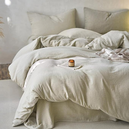 EAVD Soft 100% Muslin Cotton Duvet Cover King Solid Beige Duvet Cover with Zipper Closure Lightweight Linen Like Guaze Textured Comforter Cover with 2 Pillowcases Modern Solid Bedding Set