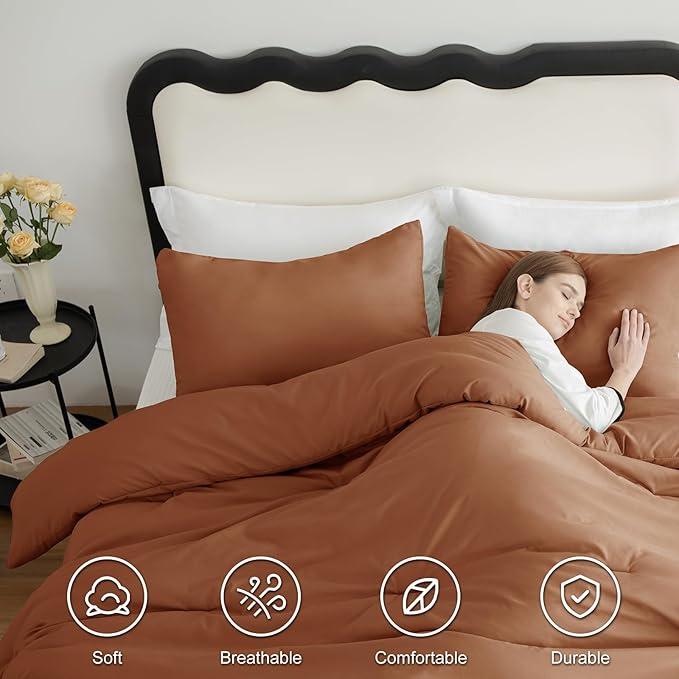 CozyLux Queen Comforter Set Pumpkin, 3 Pieces Solid Comforters Queen Size Breathable Bedding Sets, Fall Luxury Soft Lightweight Bed Set with Down Alternative Comforter and 2 Pillowcases All Seasons