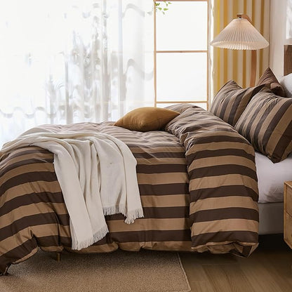 Merryword Brown Striped Duvet Cover Set Queen Size, 100% Natural Cotton Linen Like Duvet Cover Set with Zipper Closure & 8 Corner Ties, Brown Khaki Soft Reversible Bedding for All Seasons