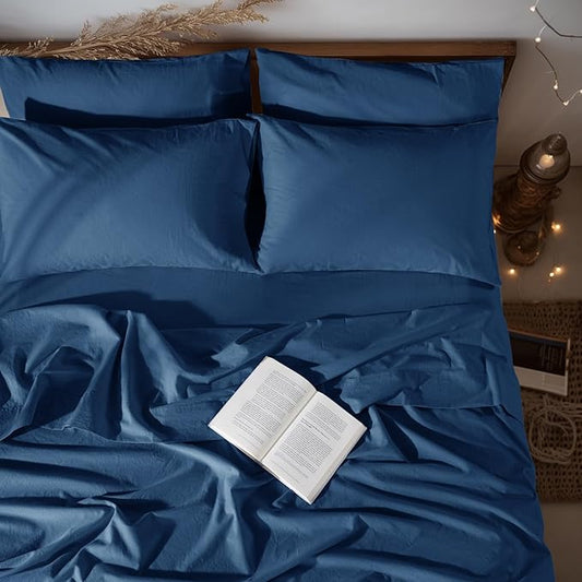 LBRO2M 100% Pure Linen Sheet Set Deep Pocket Up to 16" Bed Sheets Sets, Natural Flax Beddings Soft, Breathable, Comfortable for All Seasons 6 Pcs Sheet Set Full Size, Navy Blue