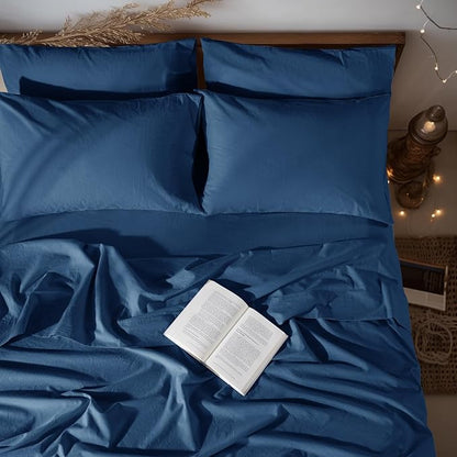 LBRO2M 100% Pure Linen Sheet Set Deep Pocket Up to 16" Bed Sheets Sets, Natural Flax Beddings Soft, Breathable, Comfortable for All Seasons 6 Pcs Sheet Set King Size, Navy Blue