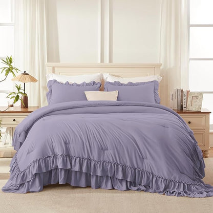 Andency Grayish Purple Ruffle Comforter Set King, Shabby Chic Farmhouse Bedding Comforter, Soft Lightweight Fluffy Polyester Bet Set All Season 3 Pieces Solid Comforter Set