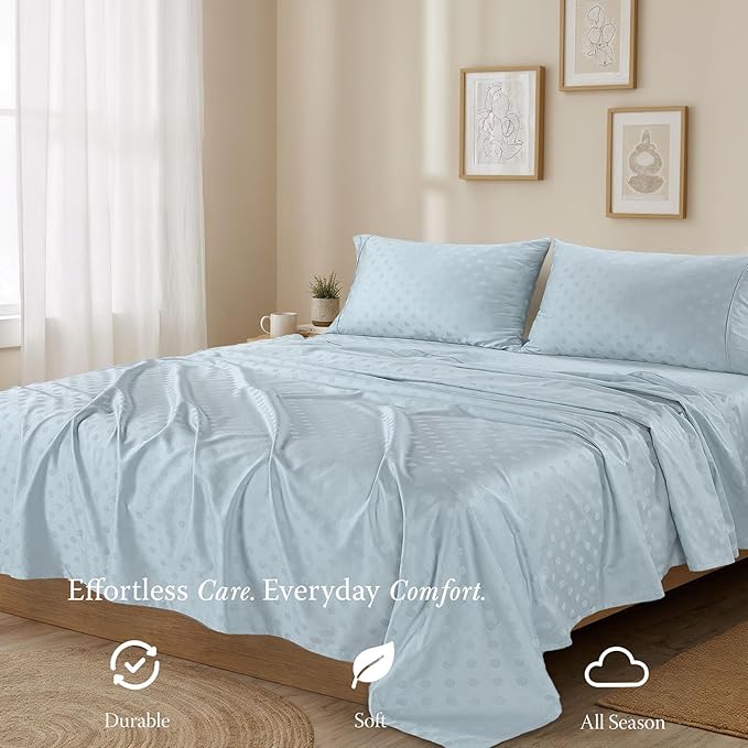 Threadmill Cotton Twin XL Sheet Set | 100% Cotton Sheets for Twin XL Size Bed | Damask Jacquard Sateen Twin XL Bed Sheets Set with 16” Deep Pocket | Soft Breathable 3 pc Cooling Sheet Set | Light Blue
