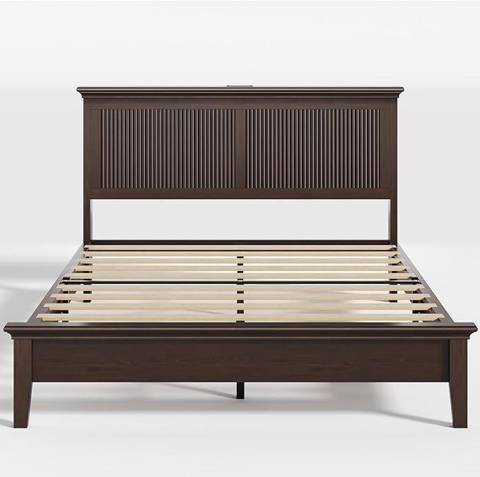 Lifezone Wood Queen Bed, Solid Wood Bed With Tall Headboard, American Vintage Design, Queen Bed With Charging Station & RGB LED, Wood Slats Support, Noise-Free, Sturdy Structure, Easy Assembly, Walnut