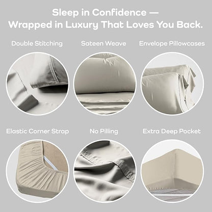 Olive + Crate Tencel Lyocell Eucalyptus Twin Sheets Set - Extra Long Sheet Set - Cooling Tencel Sheets for Hot Sleepers with 16 Inch Deep Pocket Fit - Beige 3-Piece Set