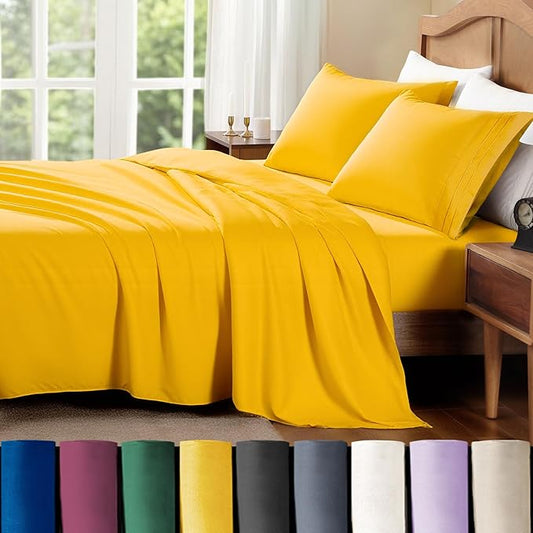 ClevaHome Full Sheet Set, 4-Piece Full Size Sheets, Lightweight & Super Soft Easy Care Microfiber– Shrinkage & Fade Resistant Bedding Set with 14'' Deep Pockets (Mustard)