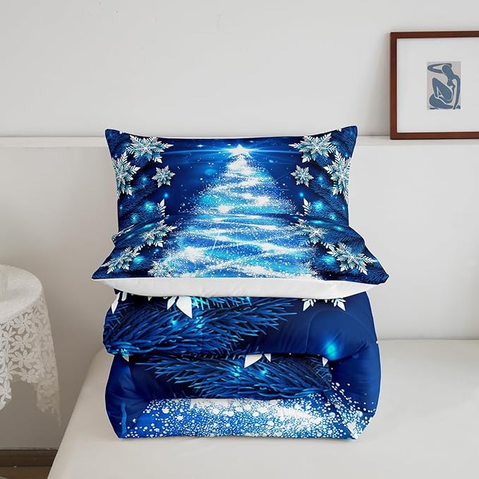 Feelyou Blue Christmas Comforter Set King Size Christmas Tree Bedding Set Glitter Snowflake Comforter Microfiber Kids Adults Holiday Winter Duvet Quilt Xmas Room Decor