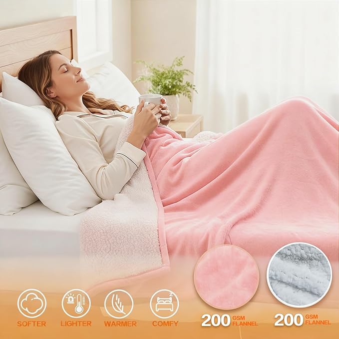 Electric Heated Blanket Throw Size 50''x60''-Control Heating Blanket, Soft & Warm Flannel 10-Level Temperature Control, 8 Hours Auto Off, Rapid Heating & Overheat Protection