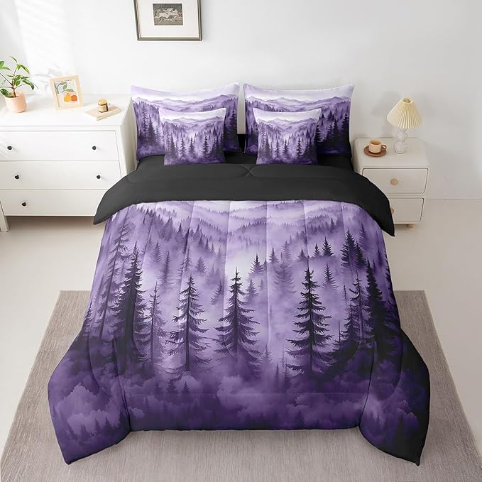 Erosebridal Purple Forest 7 Piece Comforter Set Full,Rustic Woodland Pine Tree Bedding Set with Sheets,Jungle Smoky Mountain Bed in A Bag for Adults Women Men Retro Natural Landscape Bed Set