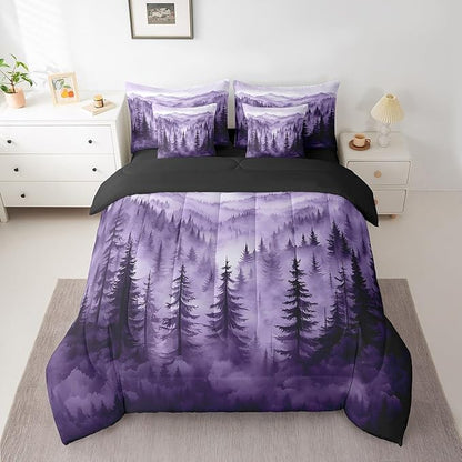 Erosebridal Purple Forest 7 Piece Comforter Set Full,Rustic Woodland Pine Tree Bedding Set with Sheets,Jungle Smoky Mountain Bed in A Bag for Adults Women Men Retro Natural Landscape Bed Set