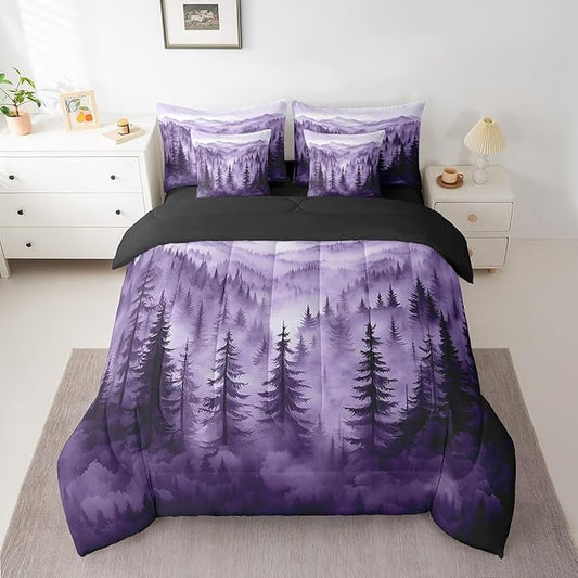 Erosebridal Purple Forest 7 Piece Comforter Set Full,Rustic Woodland Pine Tree Bedding Set with Sheets,Jungle Smoky Mountain Bed in A Bag for Adults Women Men Retro Natural Landscape Bed Set