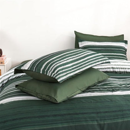 KAKIJUMN 7 Piece Bed in a Bag Stripe Comforter Set Full Size, White Grey Green Patchwork Striped Comforter and Sheet Set, All Season Soft Microfiber Complete Bedding Sets(Dark Green,Full)