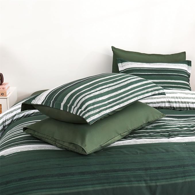 KAKIJUMN 7 Piece Bed in a Bag Stripe Comforter Set Queen Size, White Grey Green Patchwork Striped Comforter and Sheet Set, All Season Soft Microfiber Complete Bedding Sets(Dark Green,Queen)