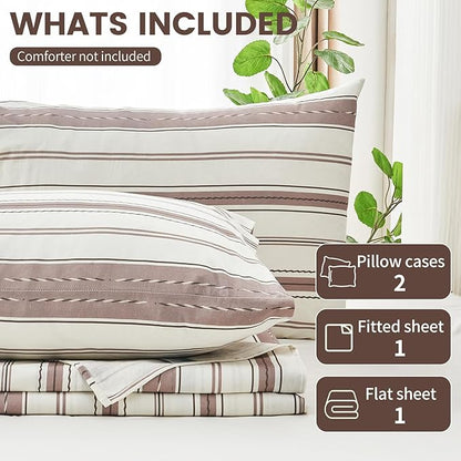100% Linen Sheets King Size,Breathable & Durable 4-Piece Bed Flax Stripes Sheet Set,Soft All-Season Bedding for Hot Sleepers 16" Deep Pocket Oeko-TEX Certified,（King, Brown Stripes）