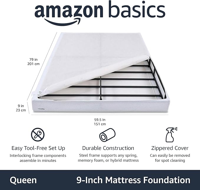 Amazon Basics Smart Box Spring Bed Base, 9-Inch Height Mattress Foundation, Tool-Free Easy Assembly, Strong Support, Queen, 79"L x 59.5"W x 9"H, White