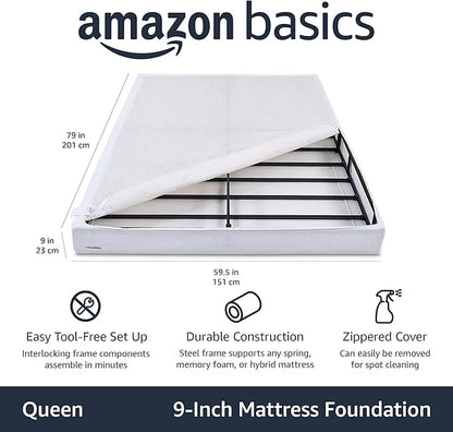 Amazon Basics Smart Box Spring Bed Base, 9-Inch Height Mattress Foundation, Tool-Free Easy Assembly, Strong Support, Queen, 79"L x 59.5"W x 9"H, White