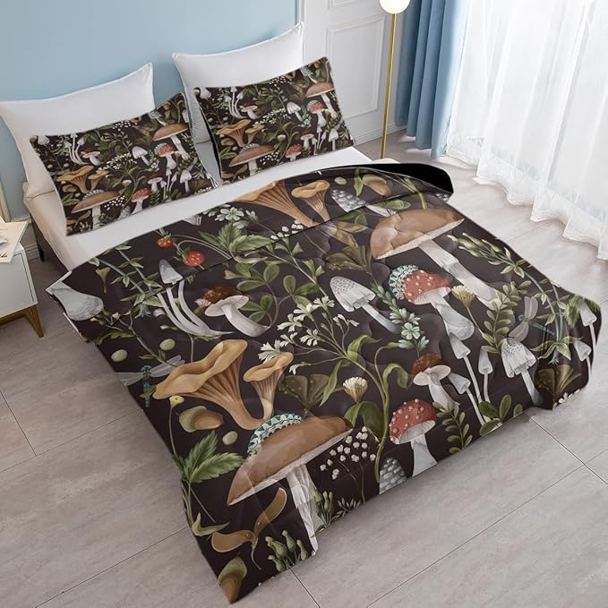 SOULZZZ Soft Mushroom Printed Comforter Twin- Luxurious Forest Natural Brown Mushroom Bedding Set - Mushroom Home Decor Bed Set for Girls Boys
