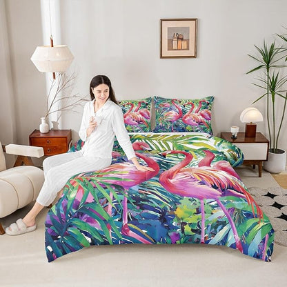 Erosebridal Flamingo Comforter Set Queen Size, Tropical Leaves Room Decor Down Comforter, Palm Tree Pattern Quilted Duvet, Colorful Comforter Set, with 2 Pillow Cases,Super Soft Breathable