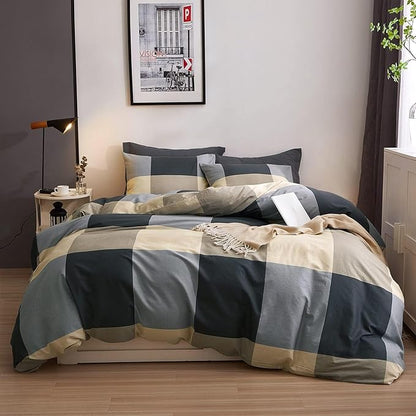VM VOUGEMARKET Cotton Full Duvet Cover Set,3 Pieces Black Gray Plaid Duvet Cover with 2 Pillowcases Modern Simple Checkered Comforter Cover for Teens Boys Men-80x90 Inch