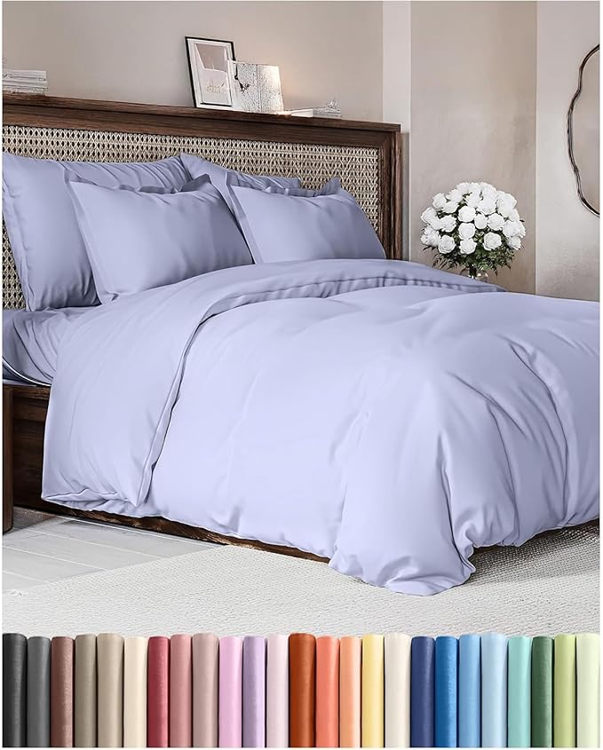 Duvet Cover Queen Size Set - Extra Soft Queen Duvet Cover 90" x 90" with 2 Pillow Shams - Hotel Luxury, Easy Care & Fade Free w/ Zipper Closures & Ties - All Season, Comfy and Breathable (Lavender)