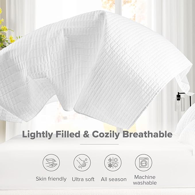 Comfort Spaces White Oversized King Quilt Set 120"x118" Bedspread Quilted Summer Lightweight Microfiber Bedding Coverlet with Double Sided Stitching Soft All Season Cozy 3 Piece with Matching Shams