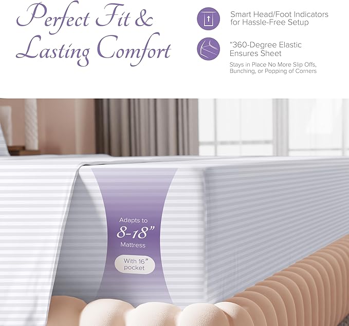 Carressa Linen Luxury Egyptian Cotton King Stripe Sheet Set - 600 Thread Count Extra Long Staple 4 PC Set, Crisp White King Damask Sheets, Soft Cooling Sateen Weave Sheets Upto 18 in Deep Pocket