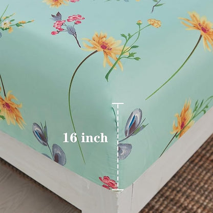 JSD Green Floral Printed Sheet Set Twin Size, 3 Piece Soft Botanical Microfiber Sheets Extra Deep Pocket