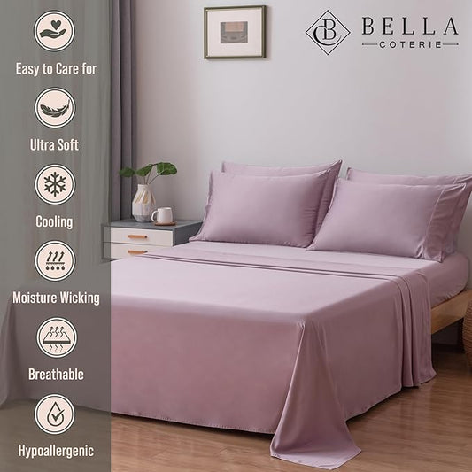 Bella Coterie 6 Piece Luxury Bamboo Viscose King Size Sheet Set | 100% Organically Grown | Cooling for Hot Sleepers | 18" Deep Pocket | Soft & Hypoallergenic | 4 Pillowcases [Lilac]