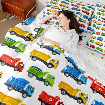 Colorful Garbage Truck Comforter Set 7 Pcs Trash Trucks Decorative Bedding Sets Cartoon Car Recycling Truck Bed in a Bag with Comforter Flat Sheet Fitted Sheet 2 Pillowcases 2 Pillow Covers,Full