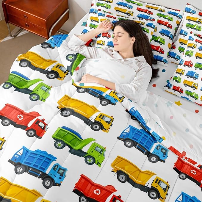7 Pcs Colorful Garbage Truck Comforter Set with Sheets Cartoon Car Recycling Truck Bedding Sets for Kids Boys Girls Teens Trash Trucks Decorative Bedroom Dorm Decor Lightweight Bed Set All Season,Twin