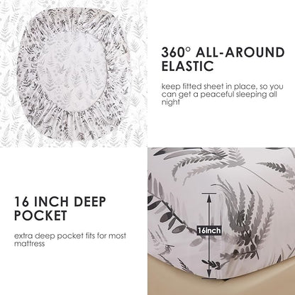 JSD Boho Floral Sheet Set King Size, 4 Piece Grey Herbs Ferns Printed Microfiber Bed Sheets Deep Pocket