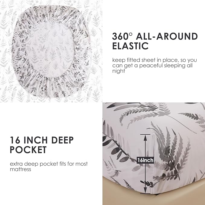 JSD Boho Floral Sheet Set Cal King, 4 Piece Grey Herbs Ferns Printed Microfiber Bed Sheets Deep Pocket