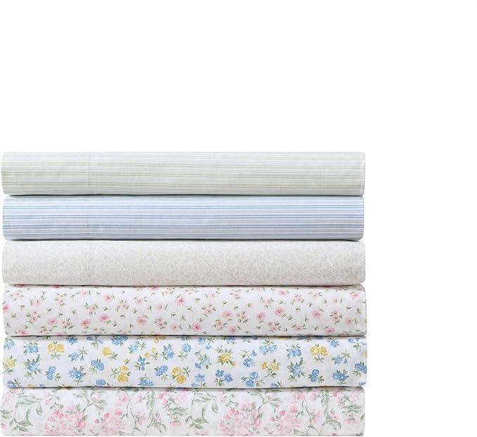 Laura Ashley - Full Sheet Set, Crisp & Cool Cotton Percale Bedding for Year Round Comfort, Deep Pocket, Bed Sheets with Matching Pillowcases (Little Ditsy Pink)