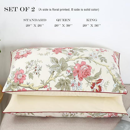 WINLIFE 100% Cotton Pillowcases Floral Printed Pillow Cases Set of 2 Red Flowers and Green Branches Leaf Pattern Pillow Cover Queen 20x30''