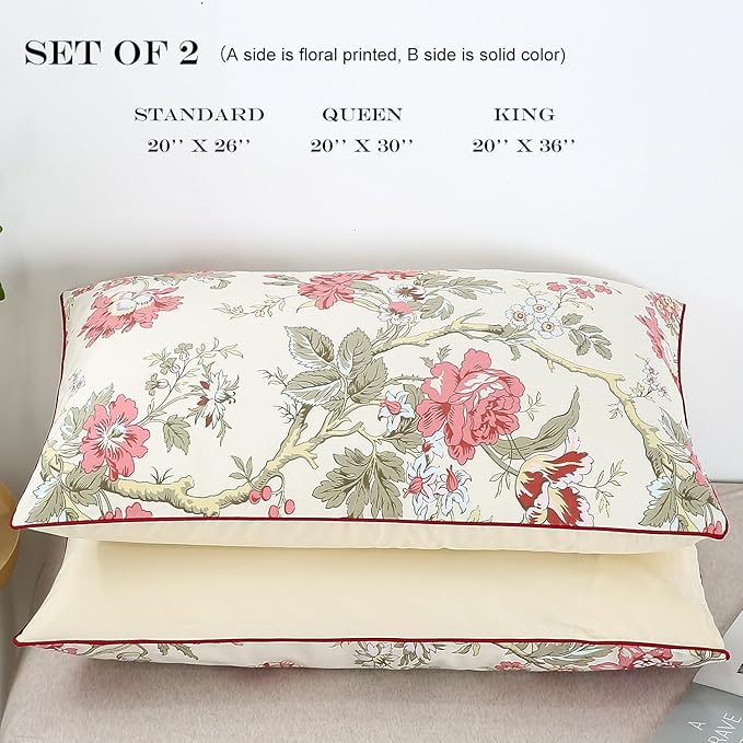 WINLIFE 100% Cotton Pillowcases Floral Printed Pillow Cases Set of 2 Red Flowers and Green Branches Leaf Pattern Pillow Cover (Standarc 20x26'', Branches)