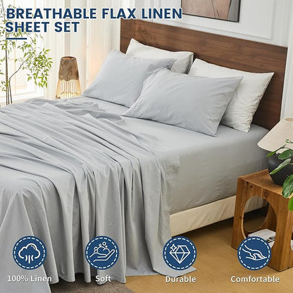 Bedlifes 100% French Flax Linen Sheets Set California King Size-6 Piece Extra Deep Pocket 18-24",Soft Breathable Cal King Bed Sheets with Temperature Regulating & Moisture-Wicking(Grey