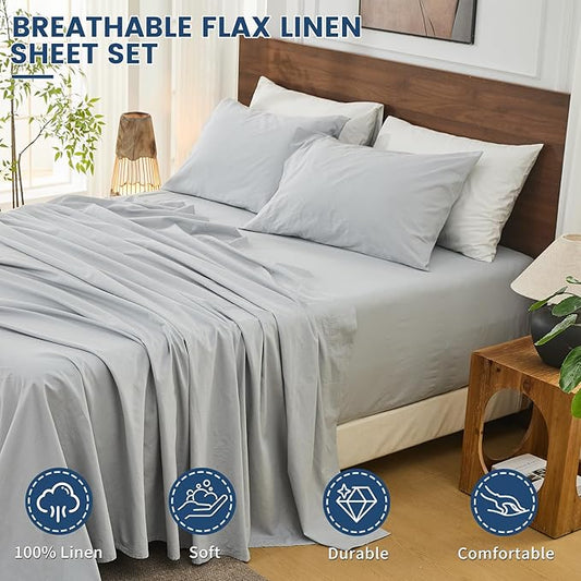 Bedlifes 100% French Linen Sheets King Size 18-24”Extra Deep Pocket 4-Piece Set Breathable & Moisture-Wicking,Soft & Durable Sheets for Thick Mattresses(Grey)
