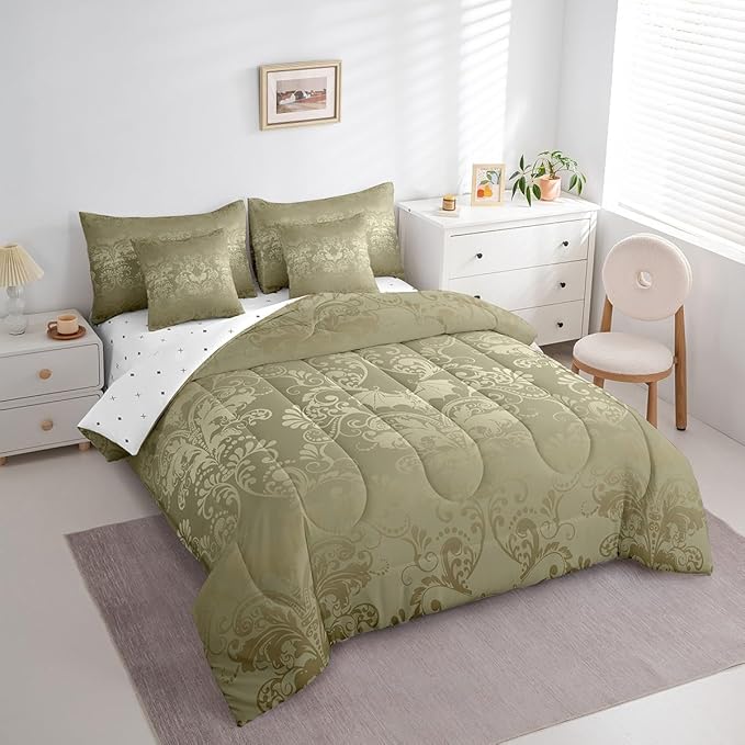 Erosebridal Gothic Damask Bed in a Bag King Size Comforter Set 7 Pieces,Halloween Bat Bedding Sets Olive Grey Victorian Floral Goth Sheet Set with Comforter