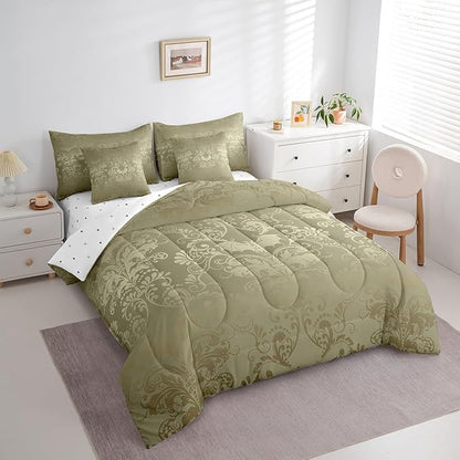 Erosebridal Gothic Damask Bed in a Bag King Size Comforter Set 7 Pieces,Halloween Bat Bedding Sets Olive Grey Victorian Floral Goth Sheet Set with Comforter