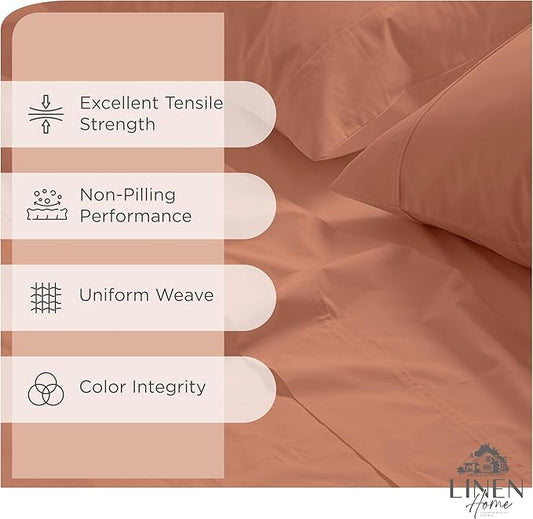 Linen Home 100% Cotton Percale Sheets King Size, Deep Pocket, 4-Piece Set - Crisp, Cool & Breathable, Long-Staple Combed Cotton Bedding, Hotel Quality, Made in Green, Tera Clay
