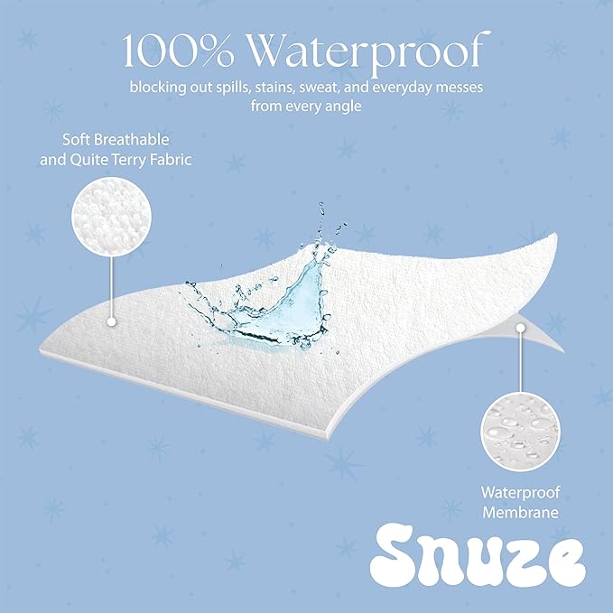 Snuze Soft Terry Mattress Protector – Queen Size, Waterproof Cover – Soft, Breathable, Machine Washable, Fits Up to 20” Deep Mattress