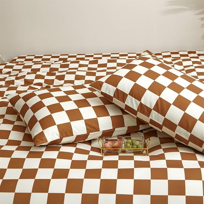 Houseri Brown and White Plaid Comforter Set Full Caramel Brown Grid Bedding Comforter Full Size Teen Boys Checkerboard Comforters Sets Girls Elegant Buffalo Checkered Gingham Full Comforter Comfy Soft