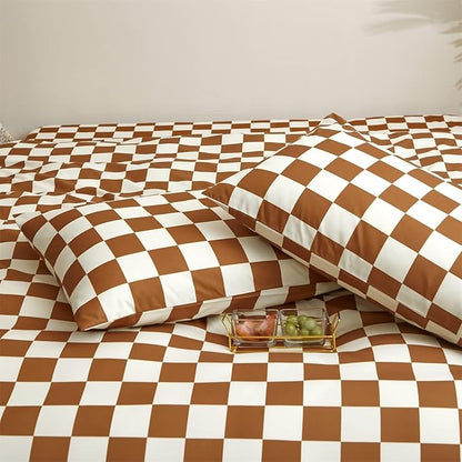 Houseri Brown and White Plaid Comforter Set Full Caramel Brown Grid Bedding Comforter Full Size Teen Boys Checkerboard Comforters Sets Girls Elegant Buffalo Checkered Gingham Full Comforter Comfy Soft