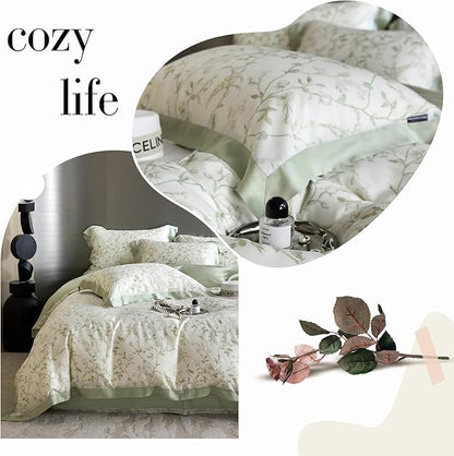 VM VOUGEMARKET Eucalyptus Lyocell Duvet Cover with 2 Pillow Shams,Vintage Garden Flower Bedding Set,Silky Soft, Cool-to-The-Touch Comforter Cover for Summer-King,Mint Green