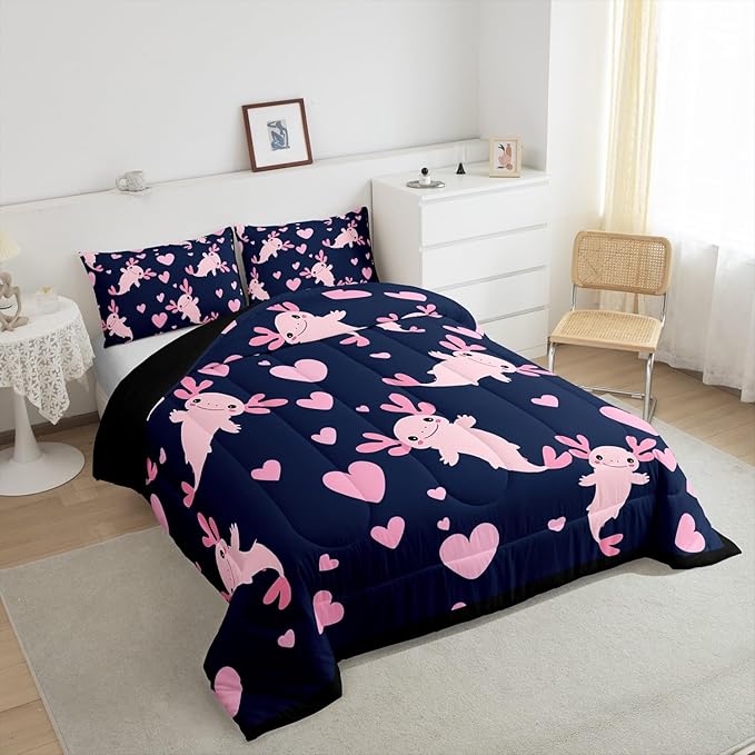 Feelyou Axolotl Comforter Set Full Size Heart Comforter for Boys Girls Teens Cute Axolotl Bedding Set Cartoon Salamander Duvet Set Room Decor Navy Blue Pink Quilt Set