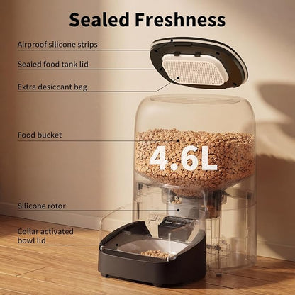 HoneyGuaridan RFID Automatic Cat Feeder,Collar Tag for Personalized Meal | 4.6L 5G WiFi Cat Food Dispenser with Cats Recognition,Diet Tracking and Anti-theft for Multi Pet Home and Different Diet